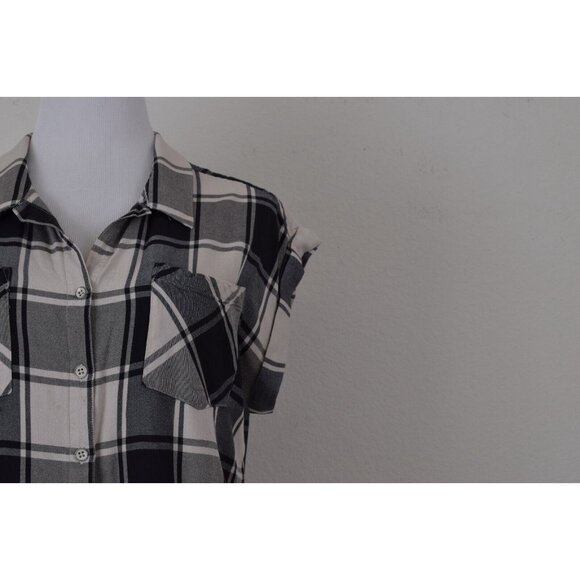 Jacks Girlfriend Womens Plaid Rayon Button Up Blouse Cuffed Sleeve‎ size M - Picture 6 of 13